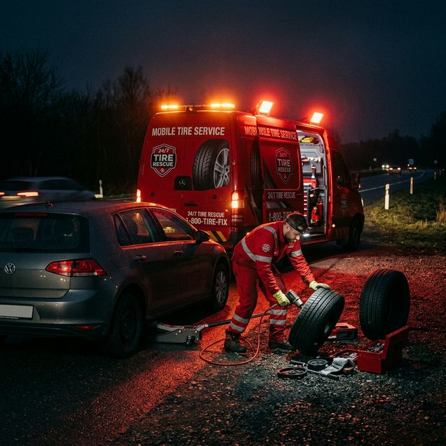 Mecanic din echipa VulcaMob schimbând un cauciuc pe marginea drumului noaptea în Constanța